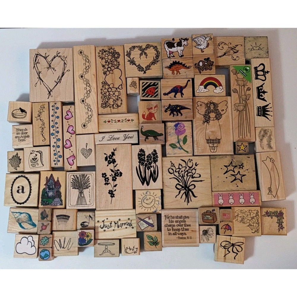 LOT OF 65+ Wood Rubber Ink Stamps Assorted Scrapbooking Cards Teachers READ